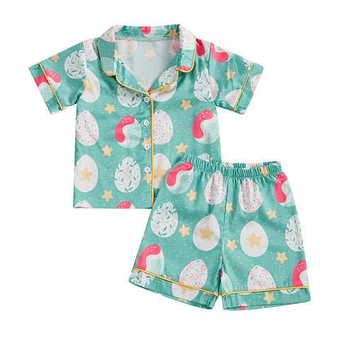 Summer Boy Girl Easter Satin Pajamas Set Bunny Print Short Sleeve Lapel Button Down Tops with Shorts Sleepwear