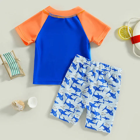 2023-02-04 Lioraitiin 0-5Years Kids Boys Two Piece Swimsuits Short Sleeve Shark Print Rash Guard Shorts Set Swimwear