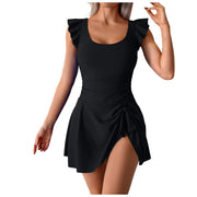 Women 1 Piece Swimdress Ruffle Sleeve Tie Knot Swim Dresses Slim Waist Bathing Ladies Solid-Color Separate Beach Wear Bikini