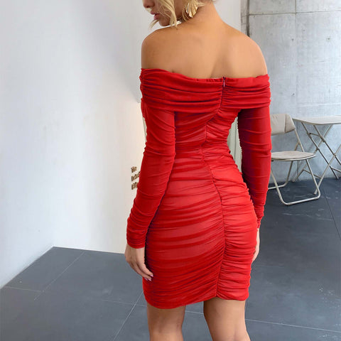 Elegant Formal Dress Women's Sexy Off Shoulder Long Sleeve Graceful And Chic Pleated Dress Evening Party Dresses For Women 2023