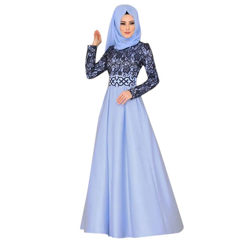 Ethnic Style Muslim Maxi Robe Women Lace Spliced Long Sleeved Elegant Temperamental High Waist Saudi Arabia Muslim Maxi Dress