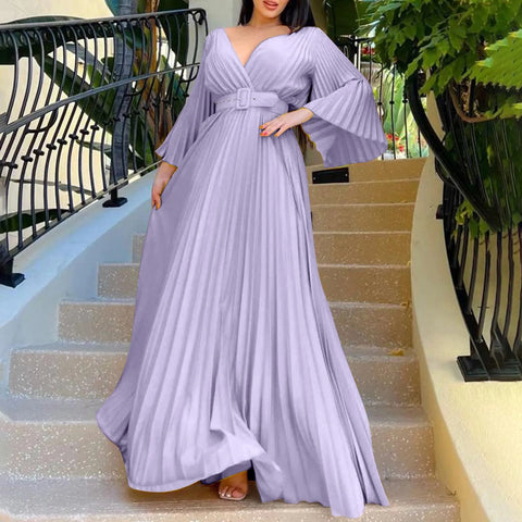 Women's Elegant White Evening Dress Deep V Neck Flare Sleeve Pleated Wedding Guest Dress With Belt Formal Dresses For Women