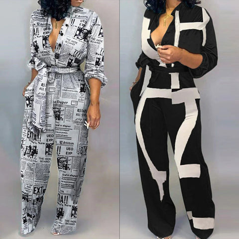 Women's Sexy Cardigan Shirt Neck Tie Long Sleeve Plus Size Jumpsuit Casual One Piece Pants Newspaper Print Harajuku Jumpsuit
