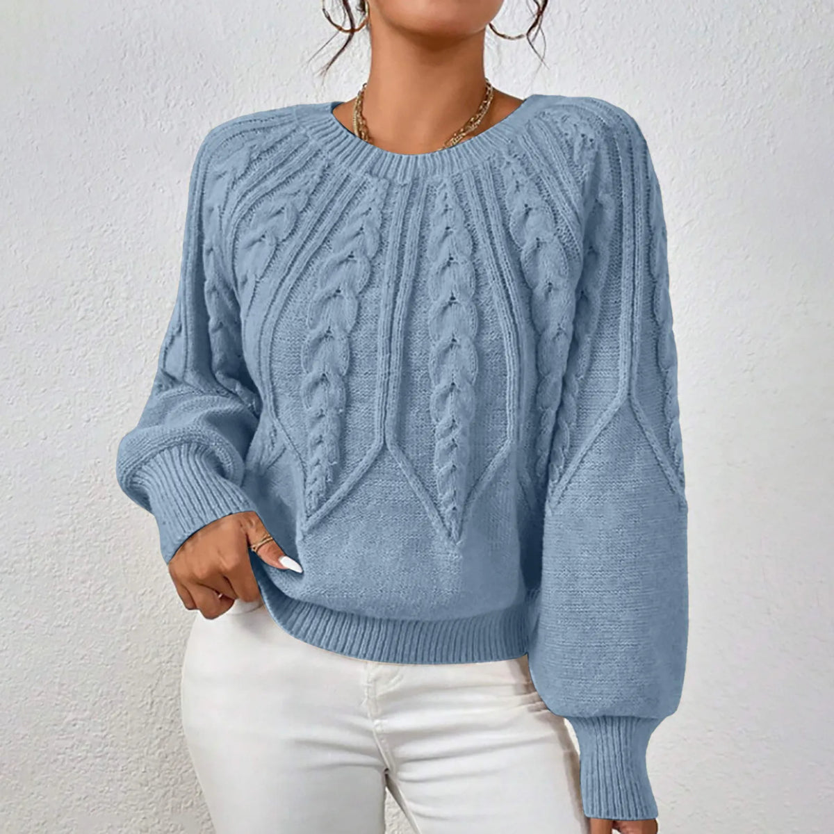 Cable Knit Puff Sleeve Crewneck Sweater – view 17 of 20
