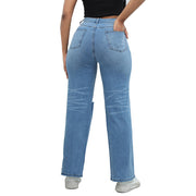 Women'S Ripped Boyfriend Jeans Draping Straight Leg Jeans Ladies Stretch Hole Denim Trousers Button Pocket High Rise Pant