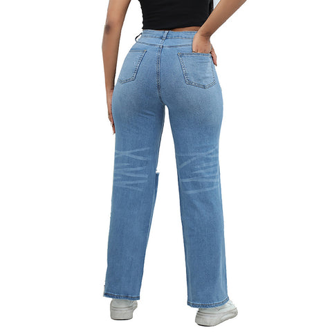 Women'S Ripped Boyfriend Jeans Draping Straight Leg Jeans Ladies Stretch Hole Denim Trousers Button Pocket High Rise Pant