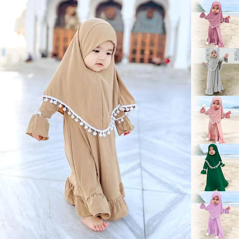 Girl Muslim Dress With Hijab For Newborn Infant Girls 0-6 Years Prayer Dress Muslim Clothes Long Sleeve Muslim Robe+Headscarf