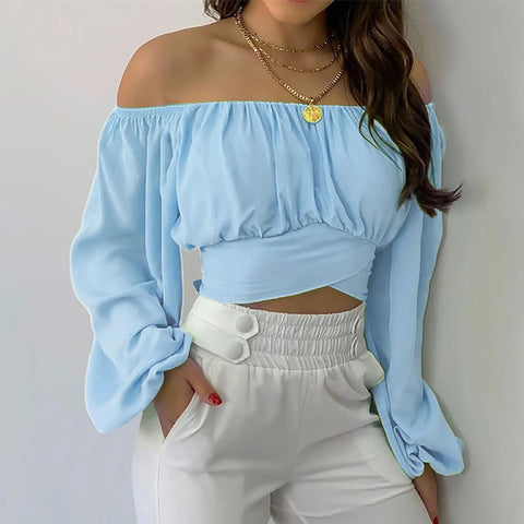 Women Sexy Off Shoulder Long Sleeve Top Self Tie Knot Crop Top Blouse Solid Color WoMen's Blouses Y2k Female Summer Shirts 블라우스