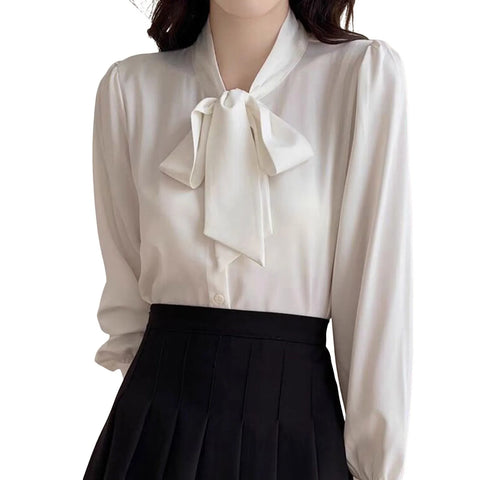 Business Shirts for Women Long Sleeve Slimming Satin Silk Blouse With Bow Tie Female Elegant High End Solid Color Blouse