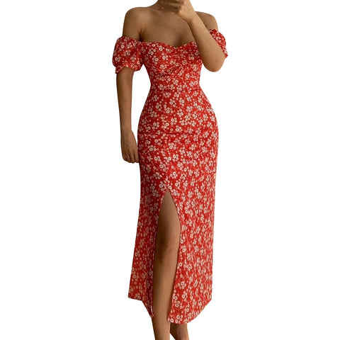 One Line Collar Holiday Dress Wrap Buttocks Slim Waist Dresses With Slit Temperament Chiffon Floral Dresses For Women Plus Size