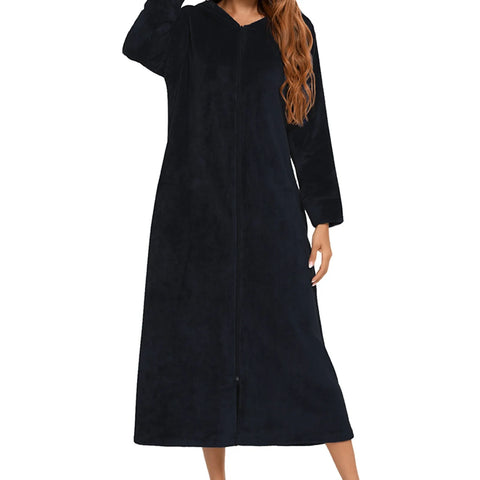 Winter Long Fleece Bathrobes Sleepwear Women's New Solid Color Zipper Bath Robe Dressing Gown Autumn Warm Hooded Home Wear