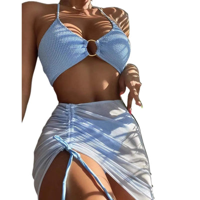 Bikini Women'S Sexy Solid 3 Piece Bathing Suit Seductive Hollow Buckle Biquini With Adjustable Drawstring For Womens купальники