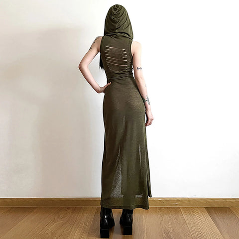 Trendy Hooded Sleeveless Long Dress Korean Style Ladies Lace Up Bodycon Sexy Split Dress Gothic Hip Hop Grunge Maxi Dress
