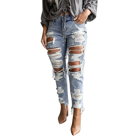 Fashion Streetwear Holes Jeans Women Summer New Mid High Waist Distressed Ripped Denim Pants Stylish American Style Jeans Pants