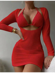 2025 Beach Skirt Swimsuit Women White Three-Piece Bikini Sexy Mesh Long Sleeve Hollow Out Bathing Suit Swimwear Summer Beachwear