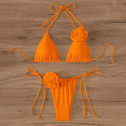 Halter 3D Rose Flower Decor Brazilian Bikini Women Sexy Low Waist Lace Up Split Two Pieces Swimwear Female Bathing Suits Swim