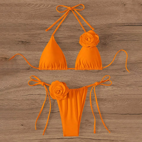 Halter 3D Rose Flower Decor Brazilian Bikini Women Sexy Low Waist Lace Up Split Two Pieces Swimwear Female Bathing Suits Swim