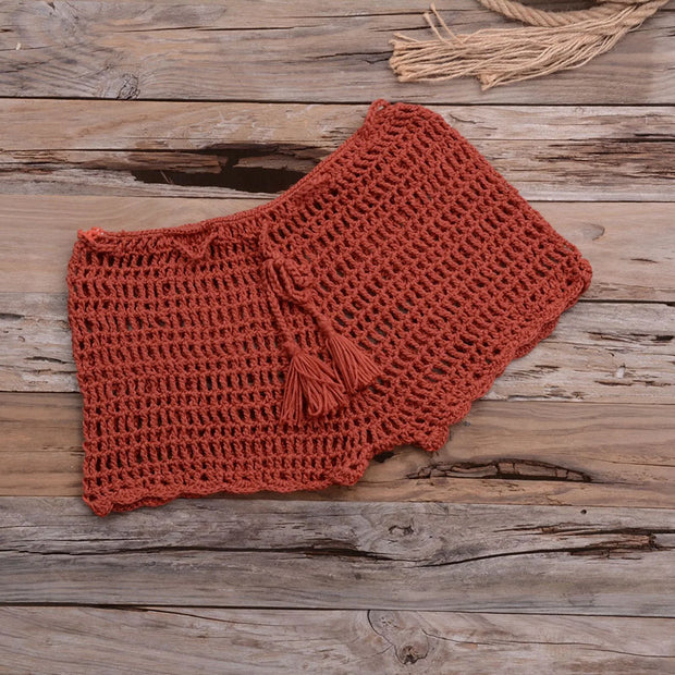 Women's Summer Solid Color Handwoven Crochet Bikini  Shorts Beach Swimming Pants Stretchable Strap Hollow Flat Corner Pants