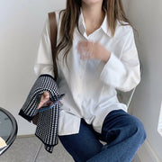Female Solid Color White Long Sleeved Shirt Spring And Autumn Korean Shirt Loose Casual Blouse Women's Button Up Shirt