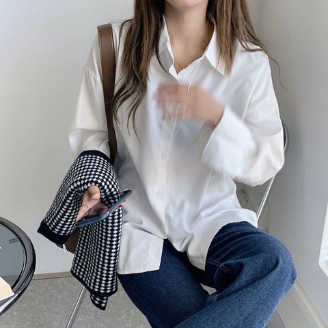 Female Solid Color White Long Sleeved Shirt Spring And Autumn Korean Shirt Loose Casual Blouse Women's Button Up Shirt