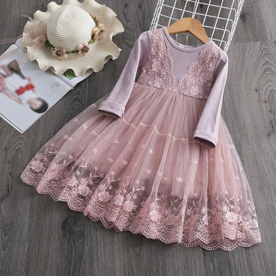 Kids Dresses For Girls 2-7Y Flower Lace Patchwork Tulle Dress Wedding Little Girls Party Birthday Dress Children Casual Clothing