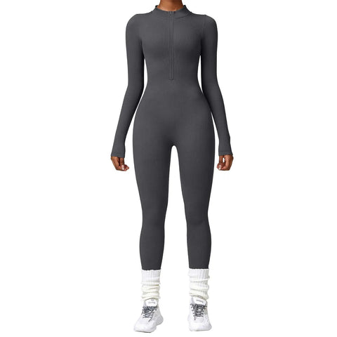 Women's Seamless Yoga Jumpsuit Long Sleeve Bodycon Playsuit Streetwear Tight Skinny Overalls Zip Up Fitness Jumpsuits For Women