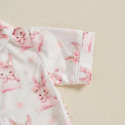 Summer Boy Girl Easter Satin Pajamas Set Bunny Print Short Sleeve Lapel Button Down Tops with Shorts Sleepwear