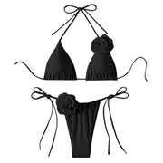 Halter 3D Rose Flower Decor Brazilian Bikini Women Sexy Low Waist Lace Up Split Two Pieces Swimwear Female Bathing Suits Swim