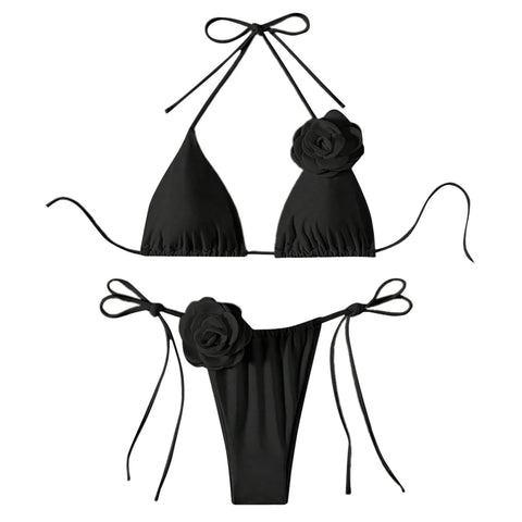 Halter 3D Rose Flower Decor Brazilian Bikini Women Sexy Low Waist Lace Up Split Two Pieces Swimwear Female Bathing Suits Swim