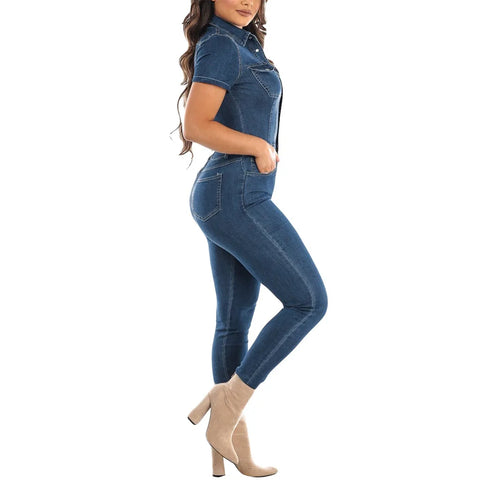 Womens' Jeans Button Tight Fit Fitting Casual Distressed Pants Jumpsuits Short Sleeves Jumpsuit Slim-Fit Long Trousers Mujer