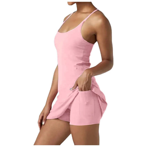 Women Workout Tennis Dress With Built In Bra Shorts Summer Fashion White Flare Sleeve Dress Casual Hollow Out Party A-Line Dress