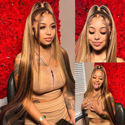 34Inch Bone Straight Highlight Lace Front Human Hair Ombre 13x4 Lace Frontal Wigs 13x6 Honey Blonde Colored Wigs For Women