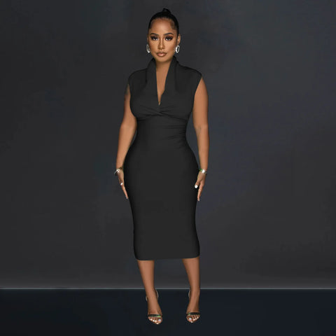 Women Draped Deep V-neck Sleeveless Bodycon Bandage Midi Dress 2023 Fashion Street Vestidos Sexy Party Evening Dresses