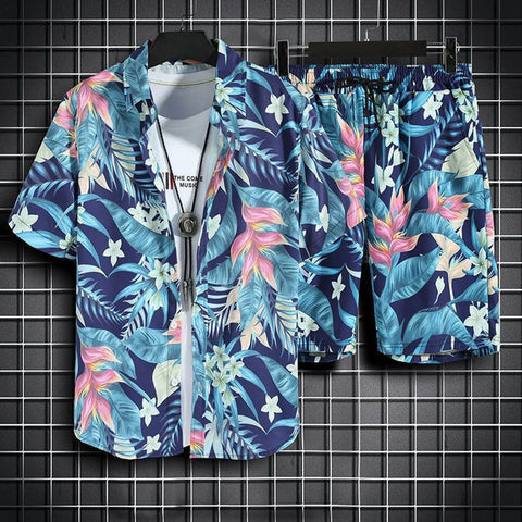 Printing Mens Summer Set 2pc Casual Sportswear Simple Series Short Sleeve Shirt And Shorts Two Piece Sets For Male Ropa Hombre