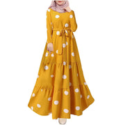 2025 Women Spring Muslim Dress Elegant Casual Loose Abaya Kaftan Sundress Long Sleeved Polka Dots Printed O-neck Maxi Robe