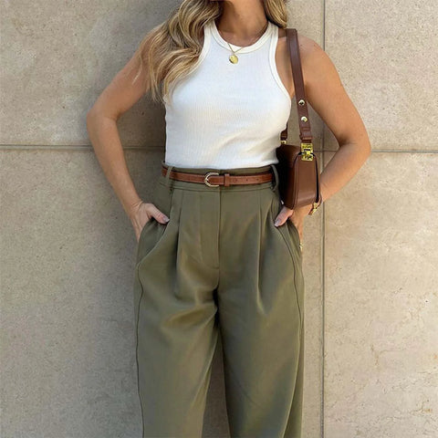 Elegant Women'S Solid Color Pants Loose Fit Cropped Trousers High Waist Casual Suit Pants Fashionable Stright Long Wide Leg Pant