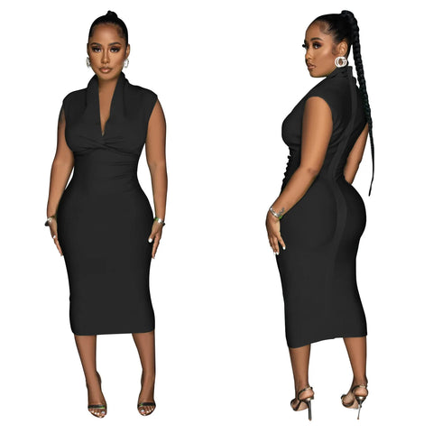 Women Draped Deep V-neck Sleeveless Bodycon Bandage Midi Dress 2023 Fashion Street Vestidos Sexy Party Evening Dresses