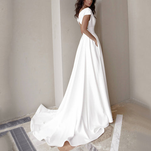 Lady V-Neck Wedding Dress Women Simple Solid White Wedding Evening Dress Elegant Floor Dress Bridal Gowns With Pockets Robes