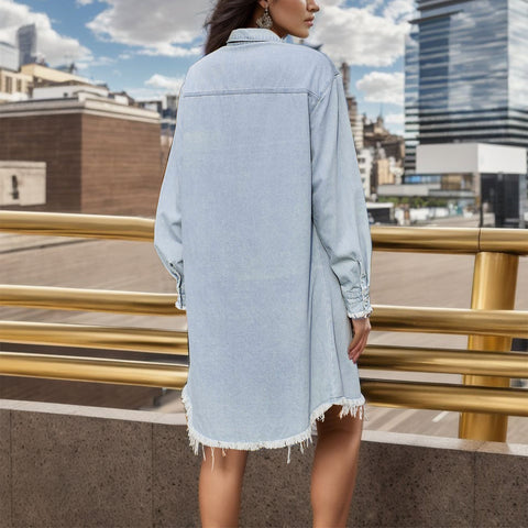 Long Sleeve Denim Female Dress Vintage Loose Button Down Shirt Dresses Ladies Shirts Dress With Pockets Woman Clothing