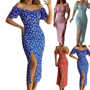 One Line Collar Holiday Dress Wrap Buttocks Slim Waist Dresses With Slit Temperament Chiffon Floral Dresses For Women Plus Size
