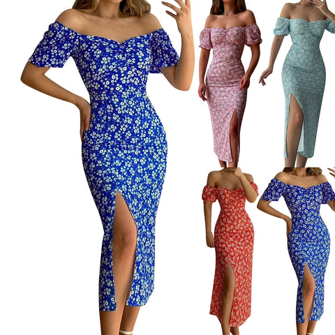 One Line Collar Holiday Dress Wrap Buttocks Slim Waist Dresses With Slit Temperament Chiffon Floral Dresses For Women Plus Size
