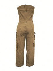Solid Color Casual Overalls Jumpsuit, Sexy Straight Tube Tube Top Long Jumpsuit, With Pockets, Women's Wear
