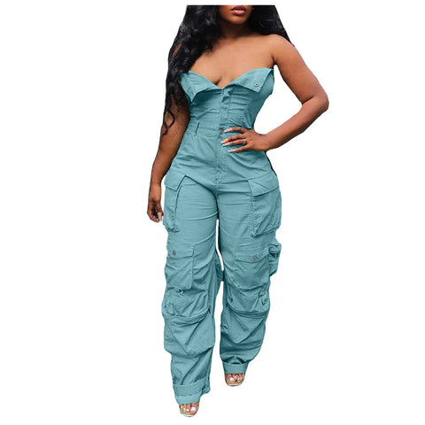 Women's Sexy Off Shoulder Tube Denim Cargo Jumpsuits Wide Leg Baggy Loose Jean Pants Rompers Overalls Control Too Pants