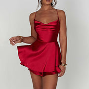 Women Suspender Satin Halter Dress Sexy Backless Ruffled Red Skirt Summer Evening Party Dresses Elegant Lady A-Line Vestidos