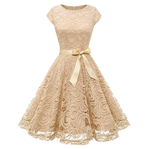 Women's Lace Party Dress Summer Short Sleeve O Neck Swing High Waist Bridesmaid Dress Bow Tie Formal Cocktail Swing A Line Dress