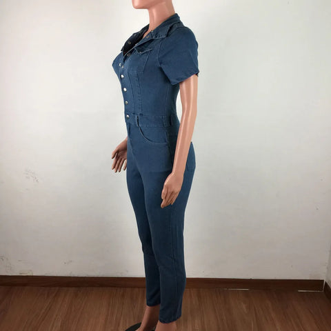 Womens' Jeans Button Tight Fit Fitting Casual Distressed Pants Jumpsuits Short Sleeves Jumpsuit Slim-Fit Long Trousers Mujer
