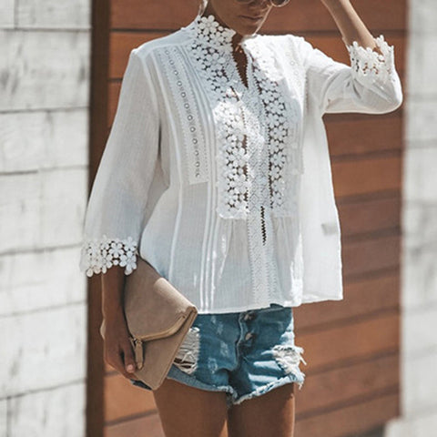 2022 Spring Summer Casual Blouse Women Top And Blouse Lace Crochet Half Sleeve Shirts Elegant Ladies V-Neck Loose Boho Blouse