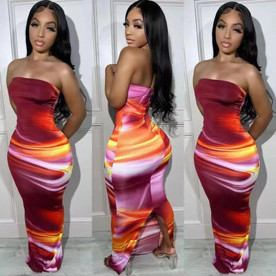 Echoine Tie Dye Print Strapless Skinny Long Dress Women Bodycon Sexy Party Evening Dresses Streetwear Vintage Vestidos Summer