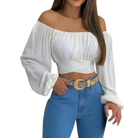 Women Sexy Off Shoulder Long Sleeve Top Self Tie Knot Crop Top Blouse Solid Color WoMen's Blouses Y2k Female Summer Shirts 블라우스