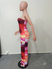 Echoine Tie Dye Print Strapless Skinny Long Dress Women Bodycon Sexy Party Evening Dresses Streetwear Vintage Vestidos Summer